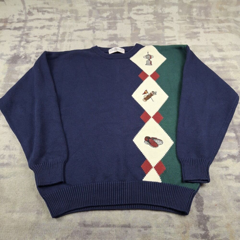 Vintage John Ashford Golf Sweater Mens L USA Knit Argyle Colorblock Embroidered